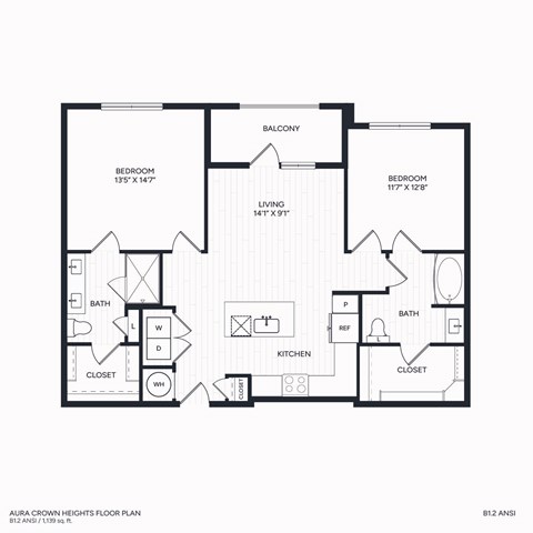 Floor plan for 2 beds, 2 baths, 1139 sqft